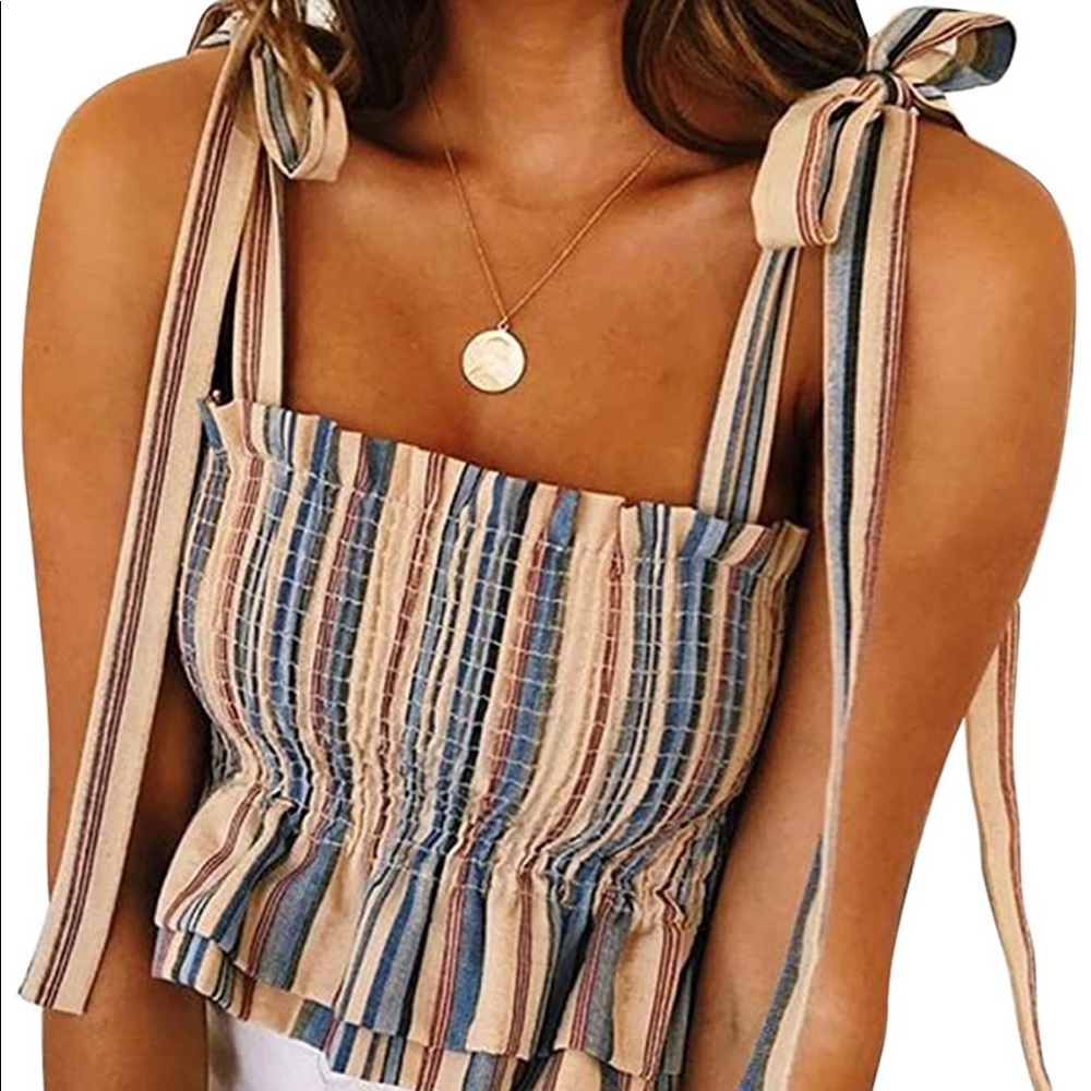 NWOT Tie Shoulder Frill Smocked Crop Tank Top